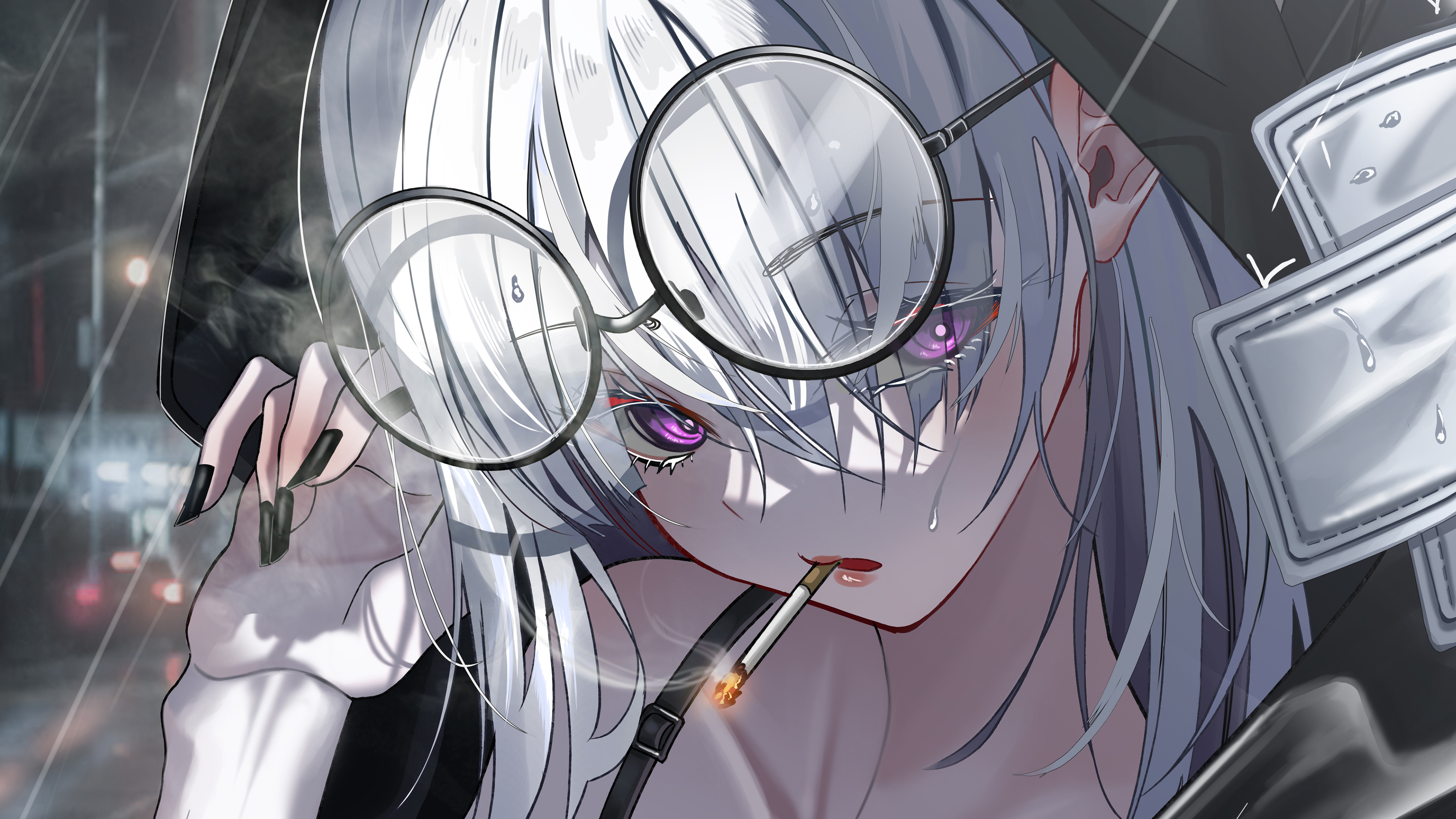 Anime Girl with Glasses Smoking White Hair Wallpaper 4K HD PC h