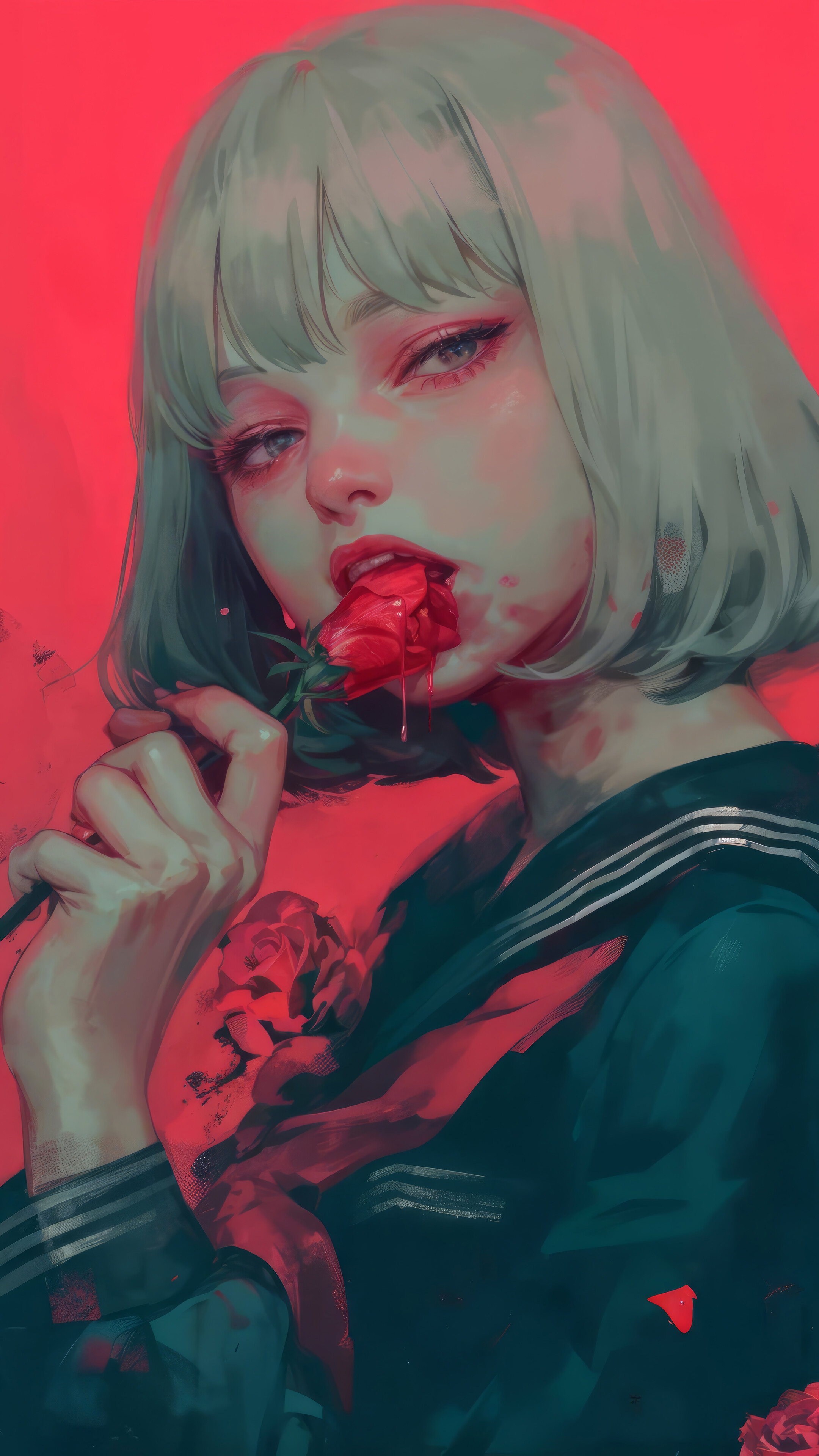 Anime Girl Rose Flower Short Hair 4K