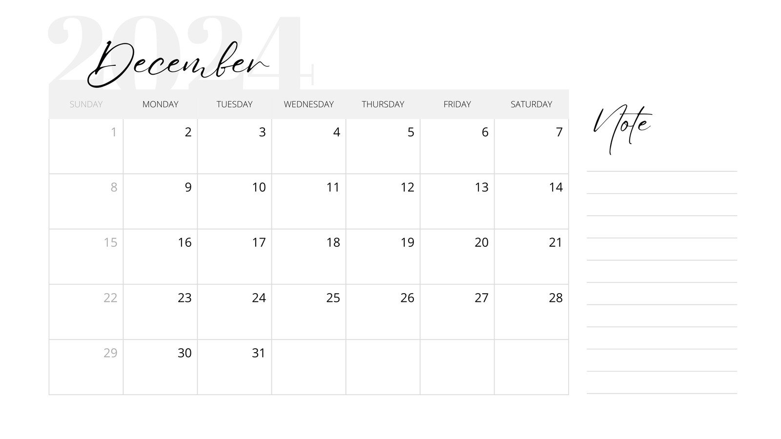 Free, printable December 2024 calendar