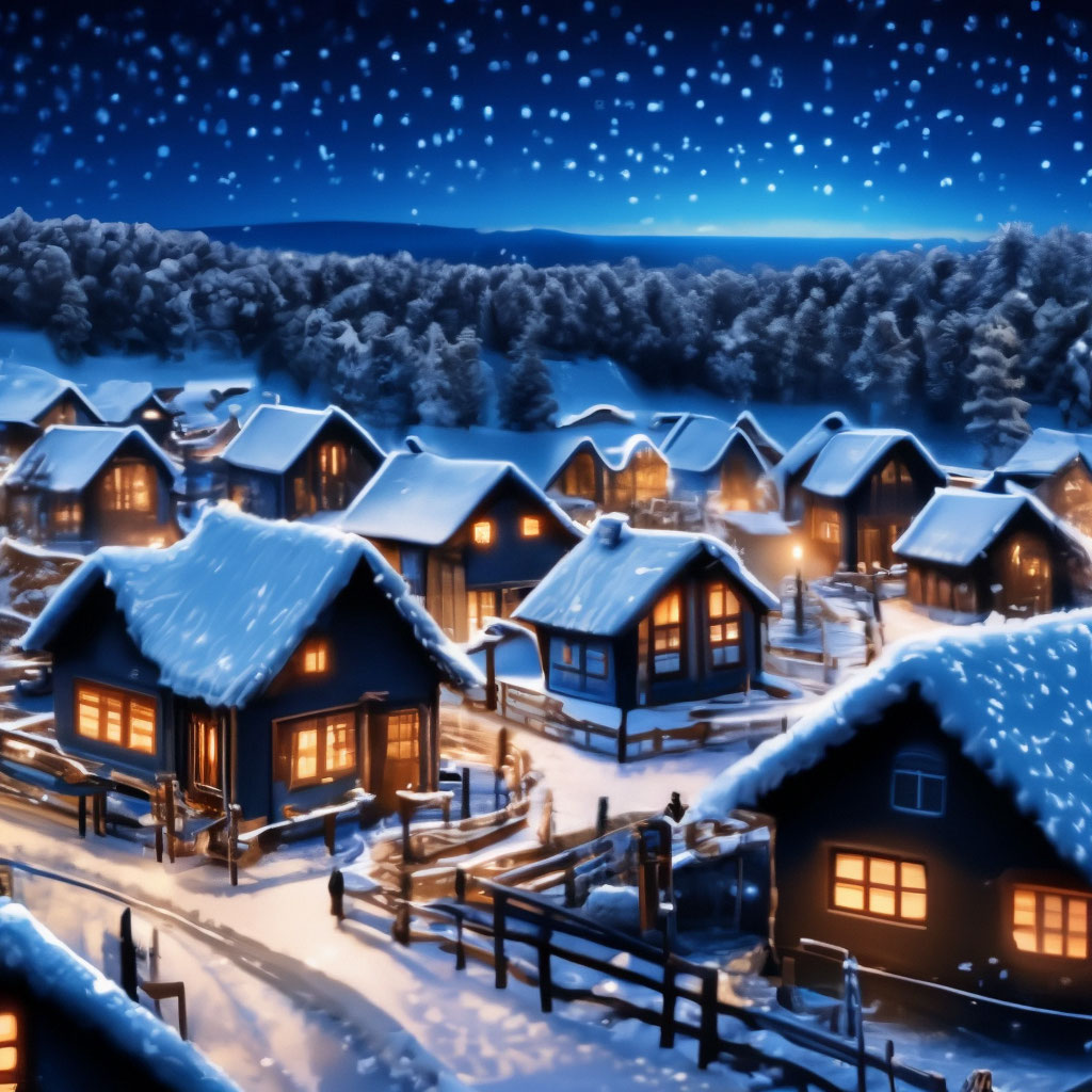 White neon winter Russian village of glowing dots on a dark blue background
