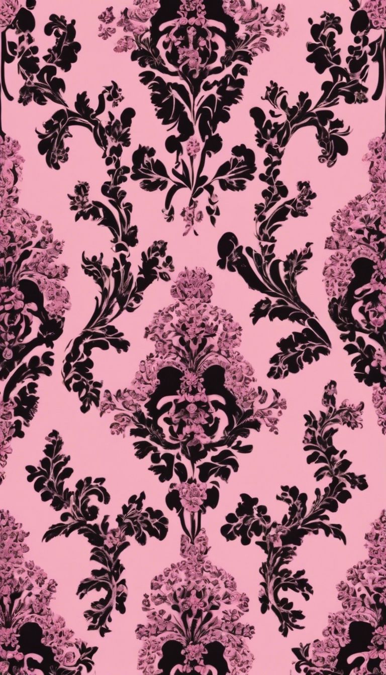 Vintage pink and black damask wallpaper