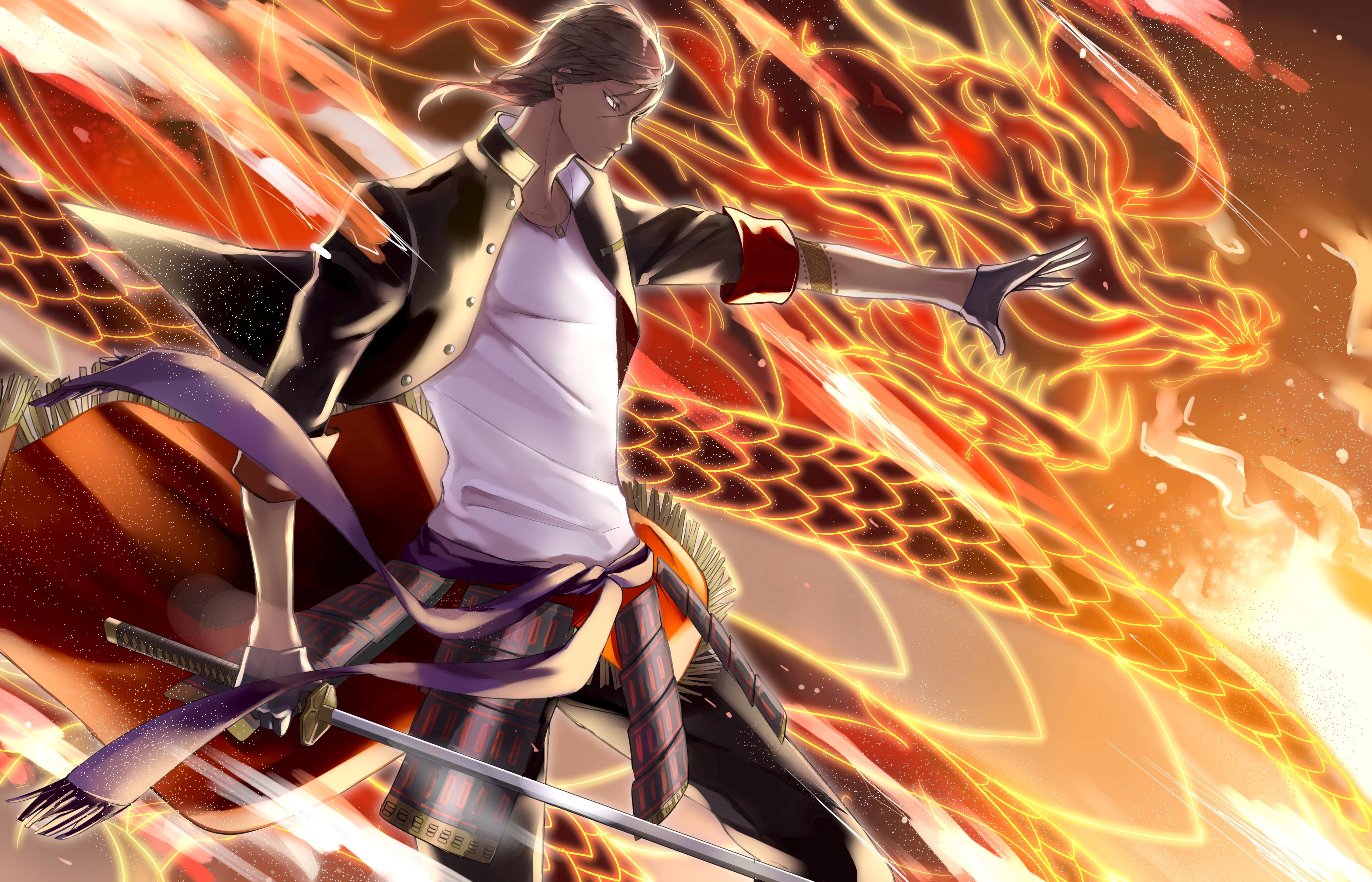 Wallpaper fire, anime, art, guy, touken