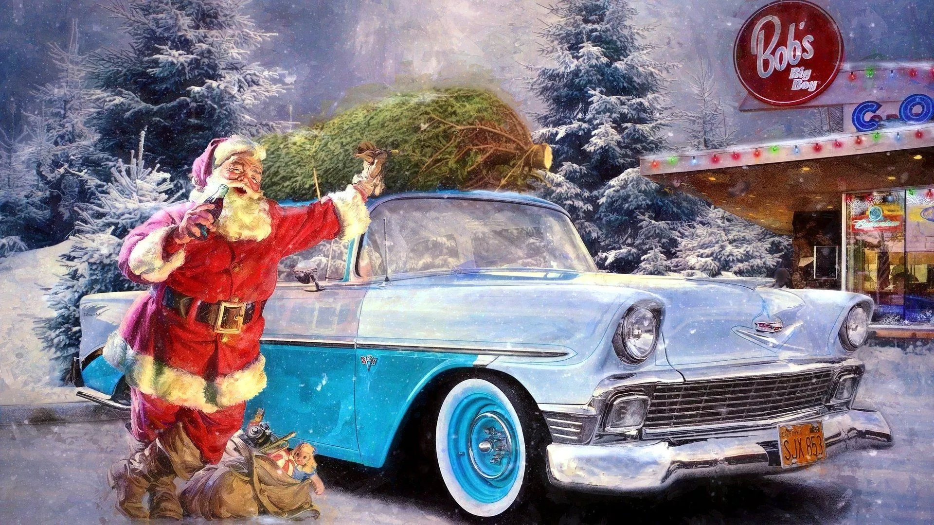 Vintage Car Santa Holiday Christmas