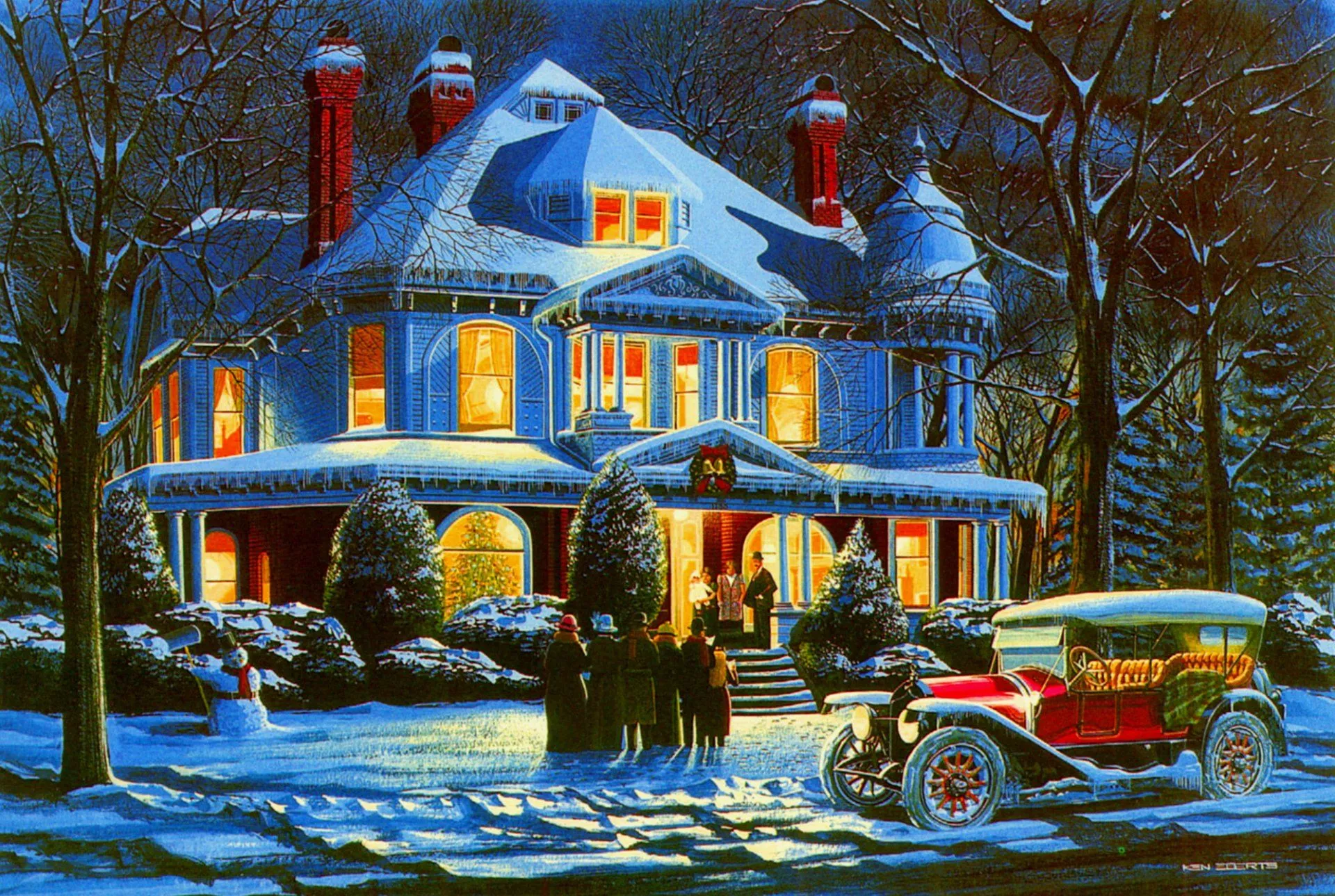Retro Christmas Holiday: Vintage Car by a Cozy Snowy House HD Wallpaper