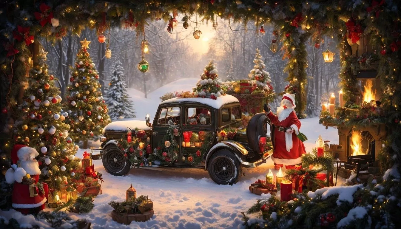 vintage car in snowy Christmas scene