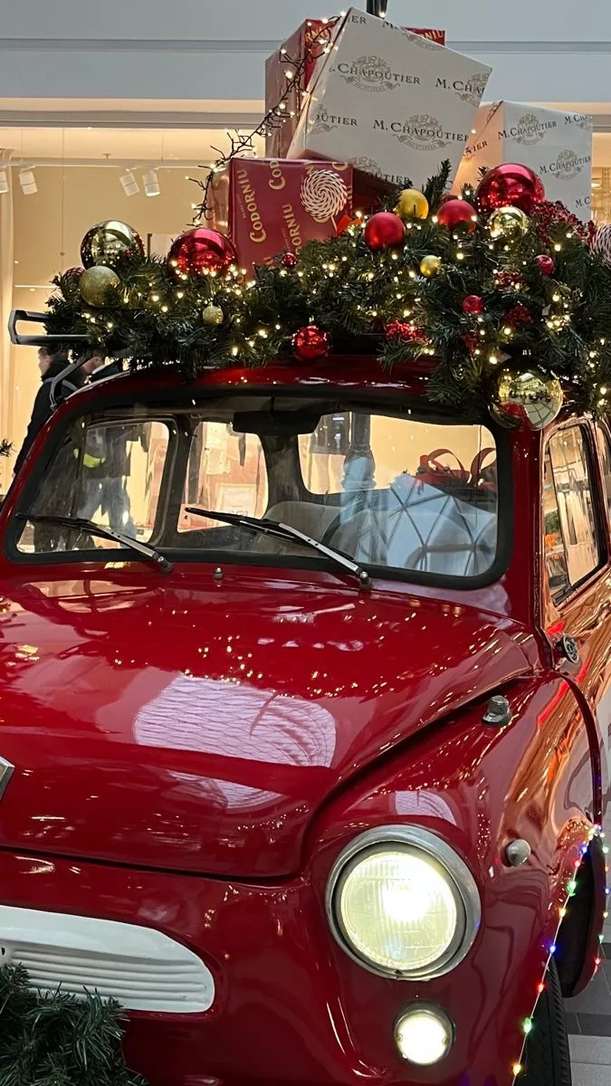 Vintage Red Car with Christmas Decorations