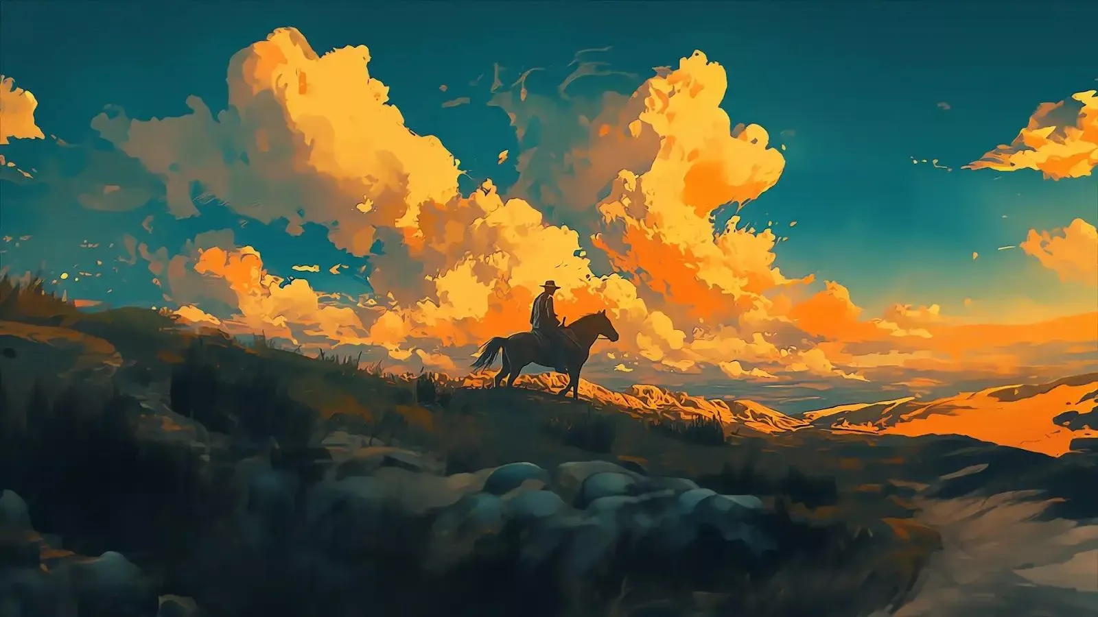 Western sunset wallpaper, rider