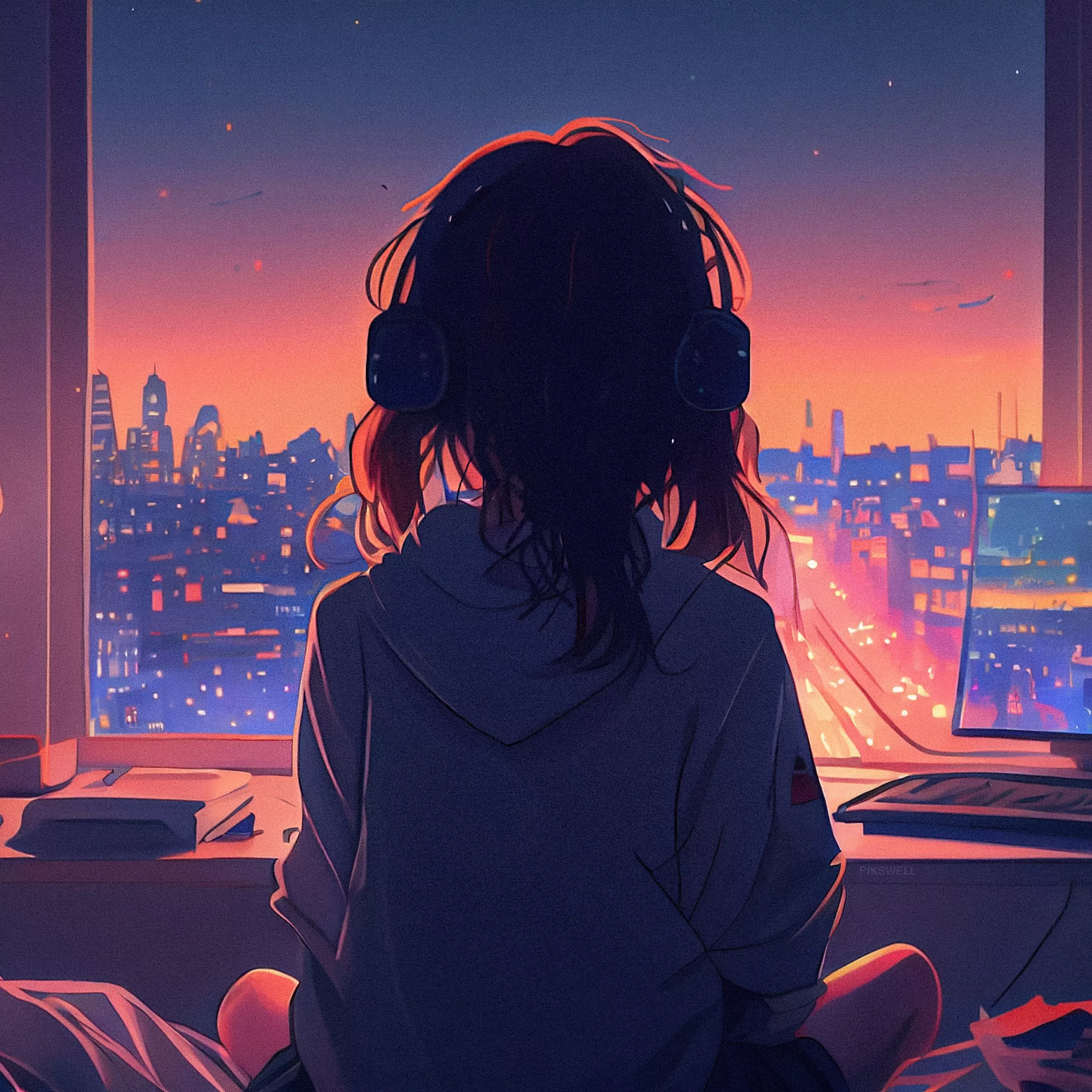 Anime Lofi girl Listening music 5K