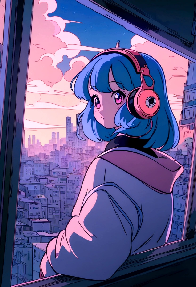 Anime girl with headphones looking out