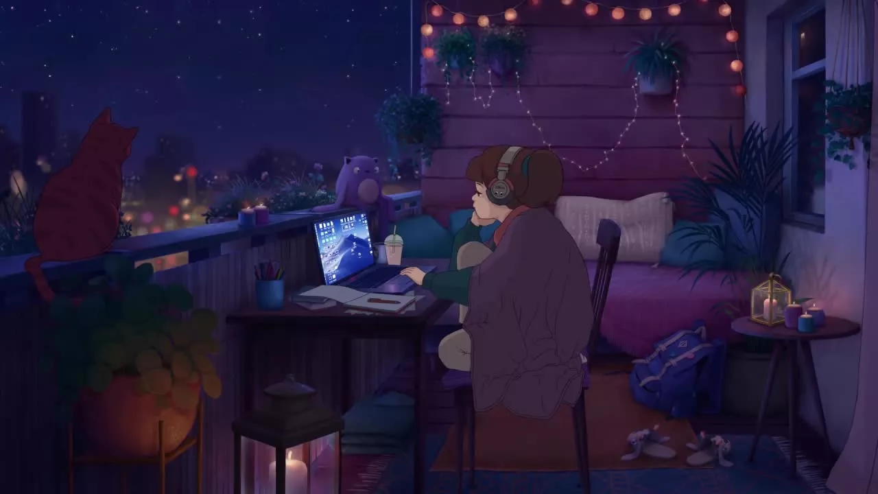 Lofi Girl Using Laptop In Balcony HD