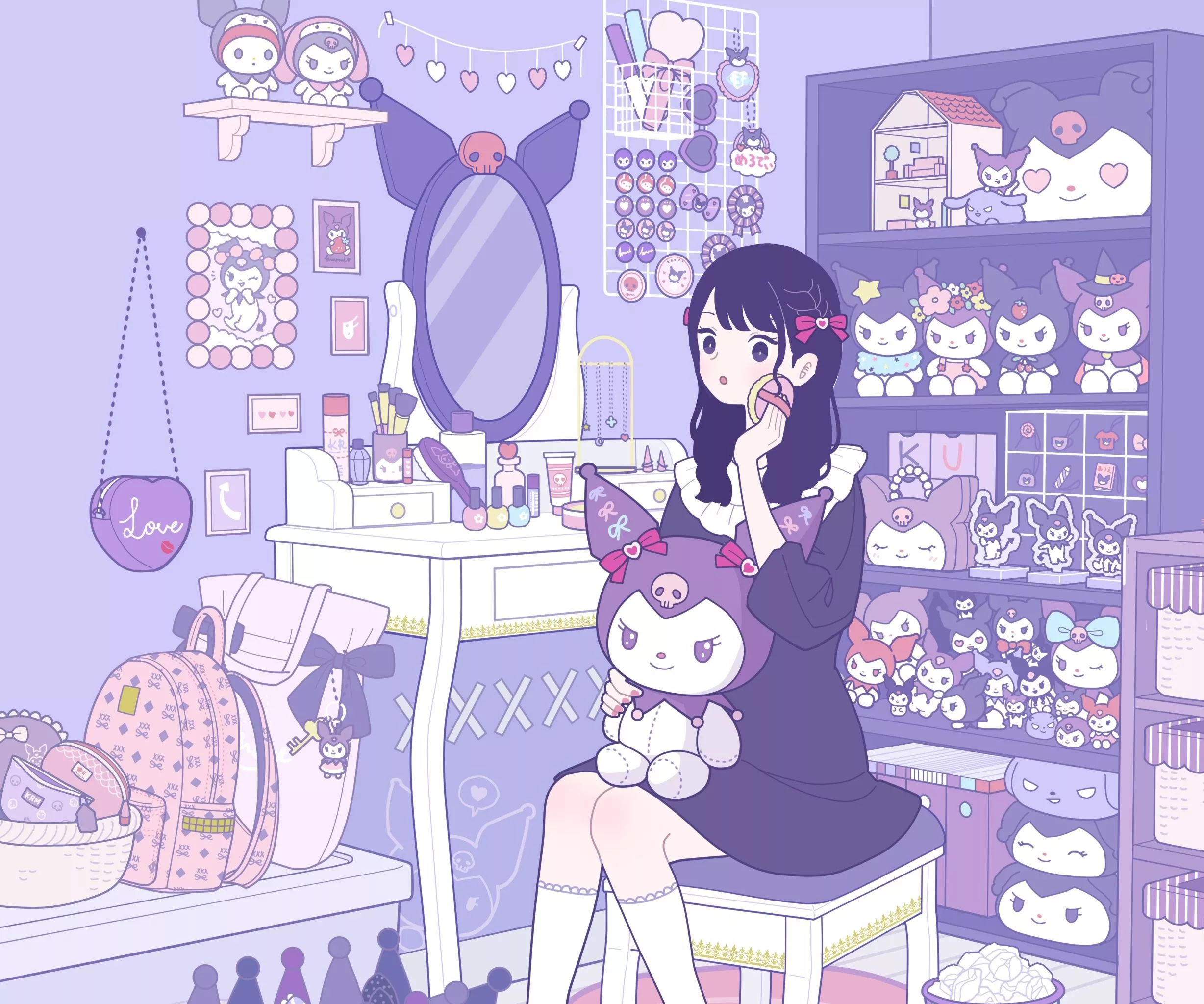 women indoors, Kuromi, dark hair, dress, women, knees together, Sanrio, interior, sitting, HD Wallpaper