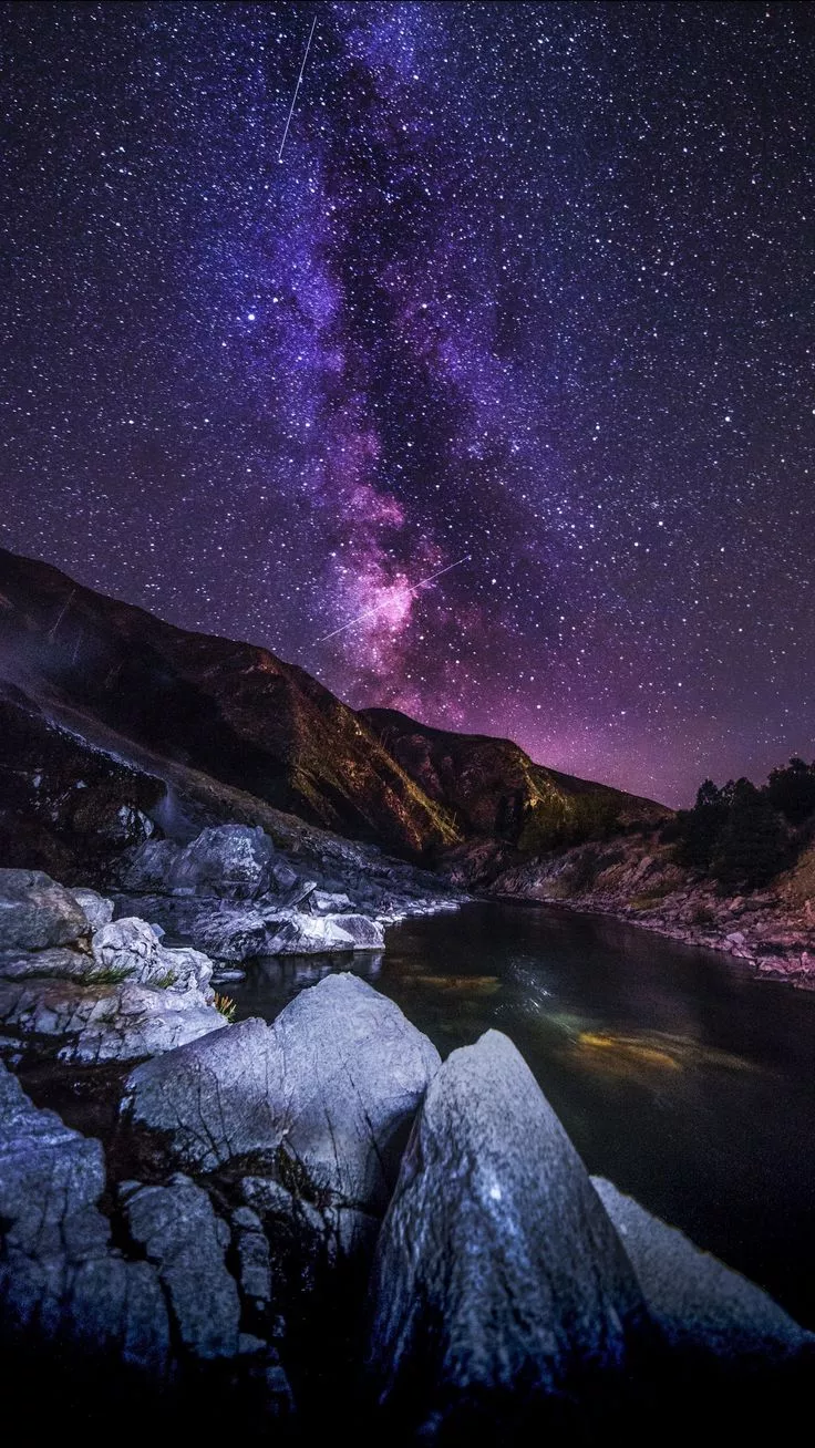 Starry sky, mountains, river, night