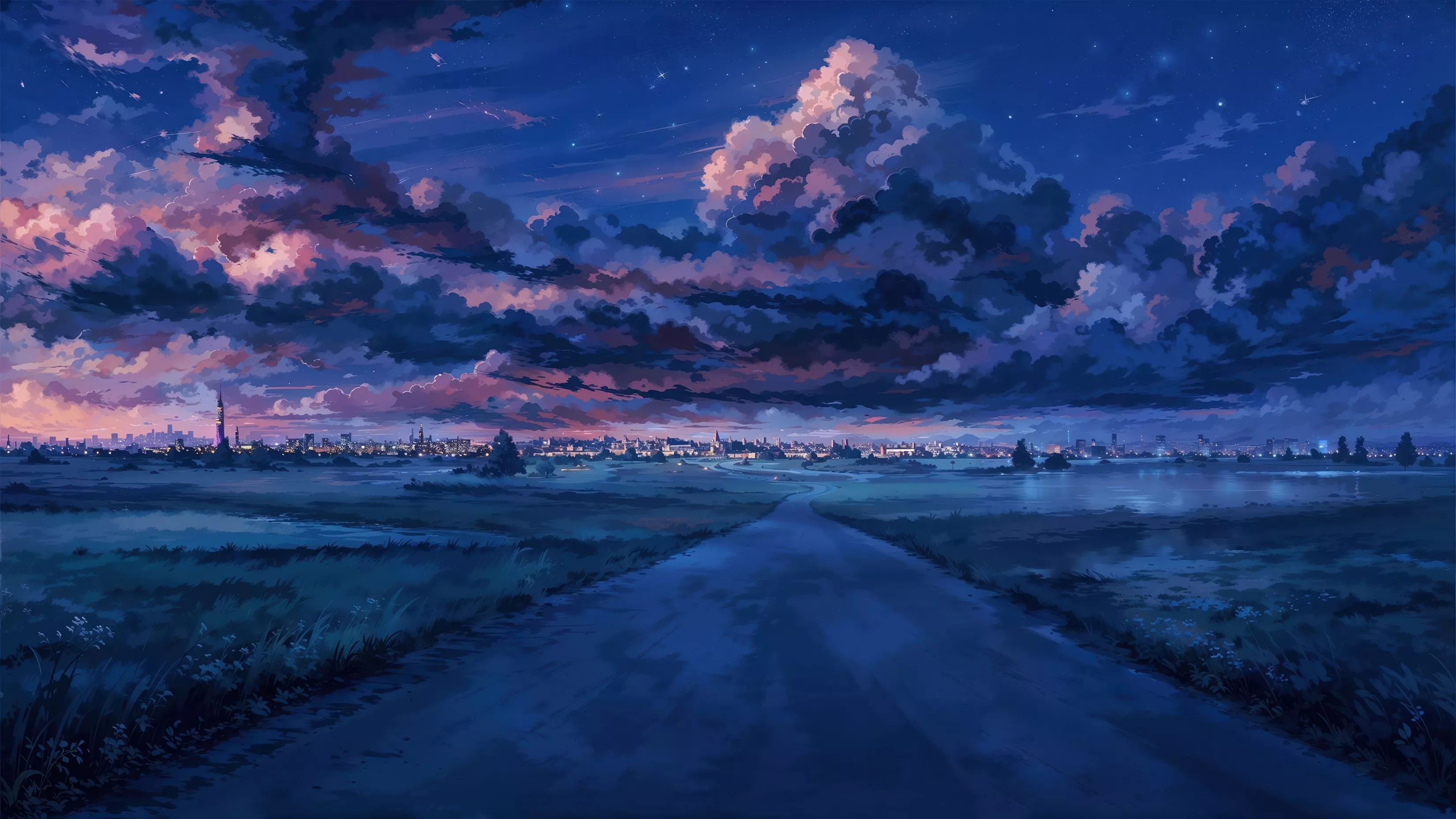 Cityscape Horizon Road Sky Clouds Anime