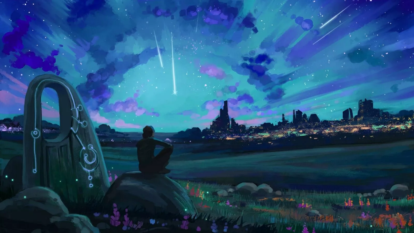 Anime Silhouette Starfall Landscape 4K