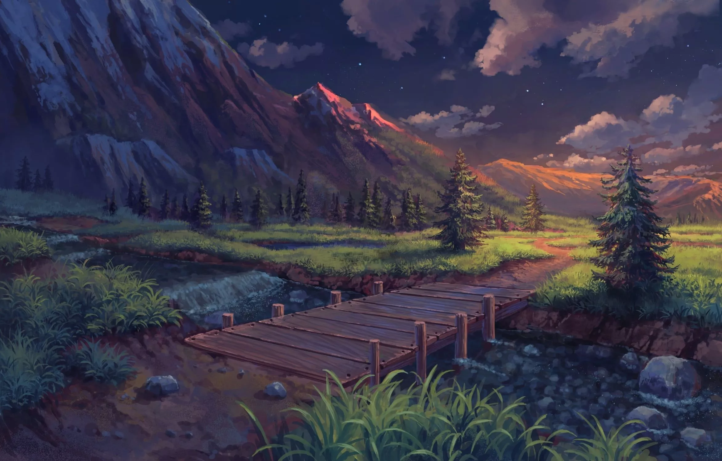 Wallpaper anime, mountains, scenic, clouds, stars, stream, anime landscape for mobile and desktop, section пейзажи, resolution 2345x1500
