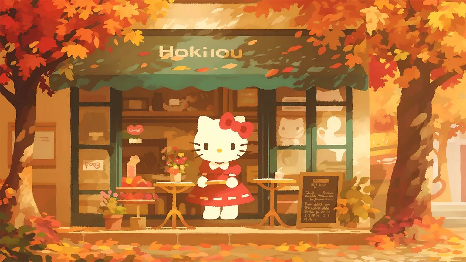 Hello Kitty Cozy Cafe Autumn Vibes Desktop Wallpaper