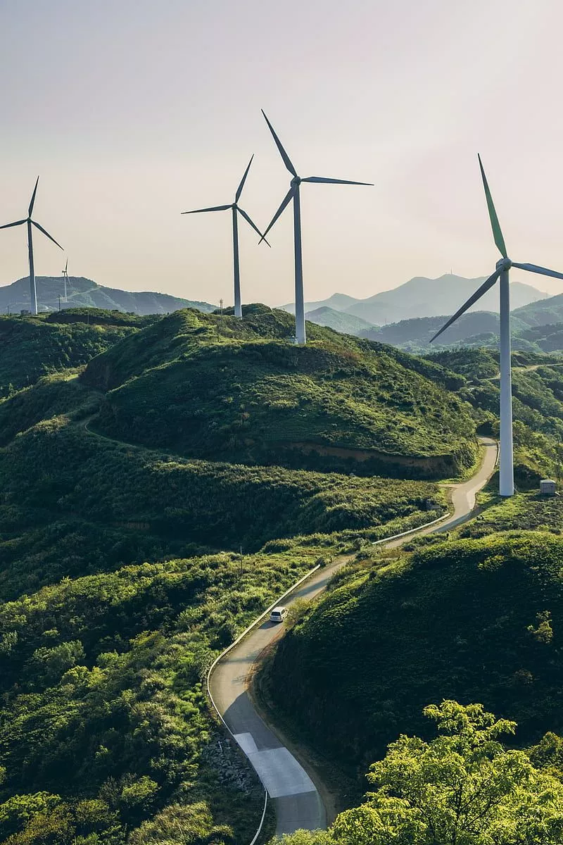 Wind turbine, structure, sky, road