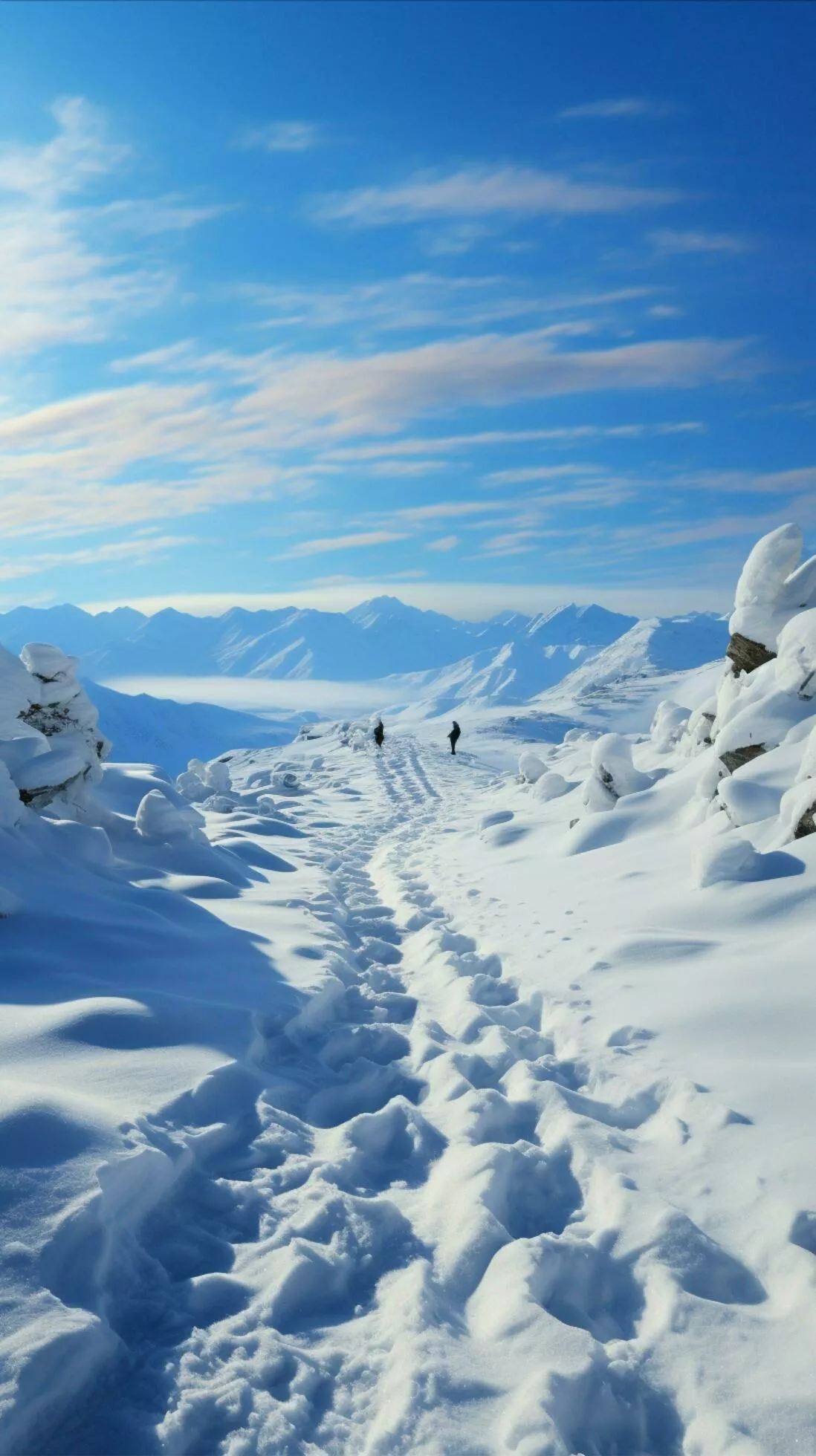 human climb amid serene snowy terrain
