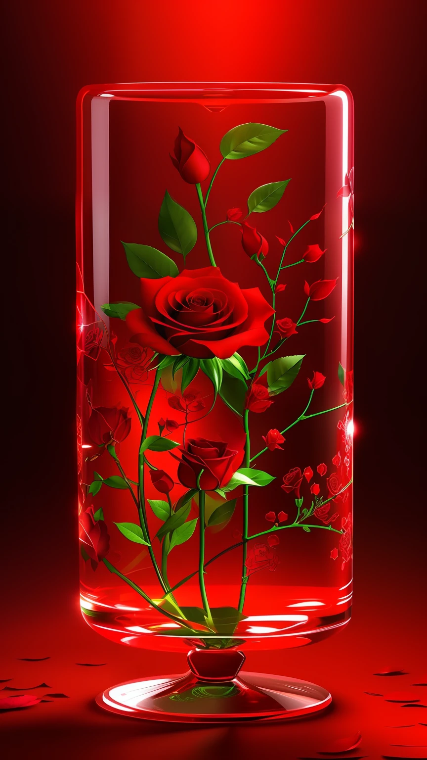There is a glass with a red rose in it