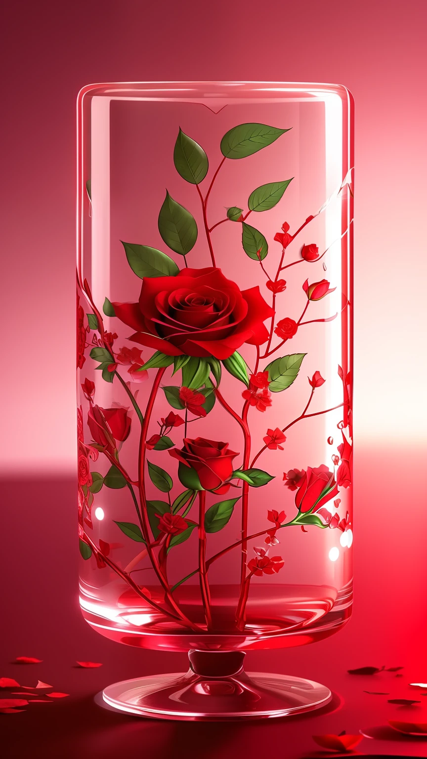 There is a glass with a red rose in it