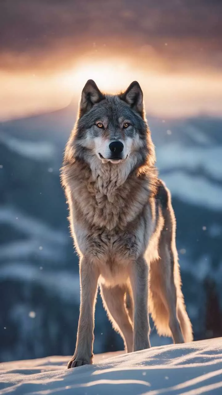A lone wolf standing on a snowy