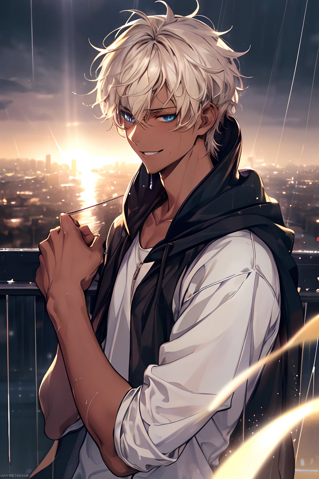 Anime guy with white hair and blue eyes