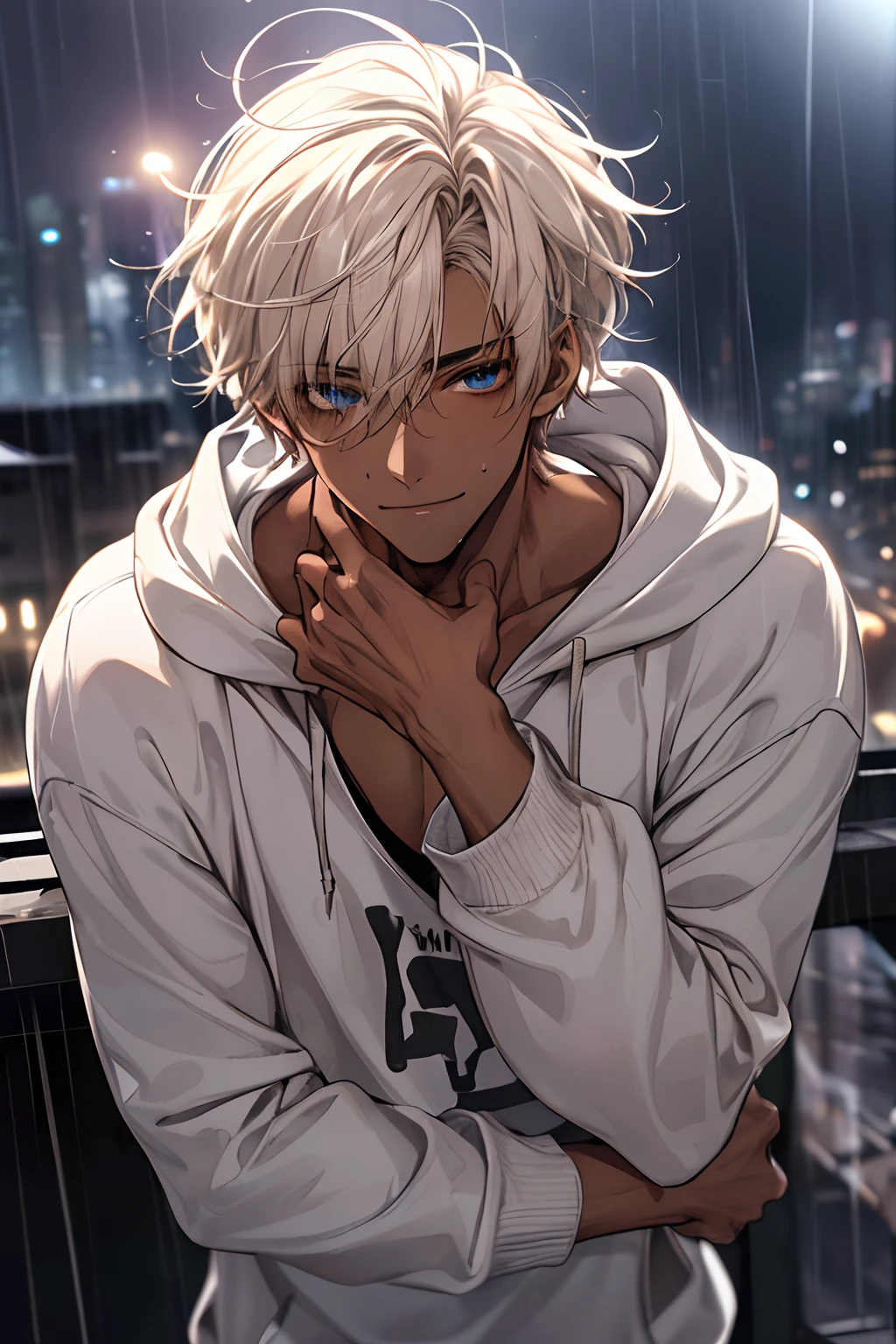 Anime guy with white hair and blue eyes