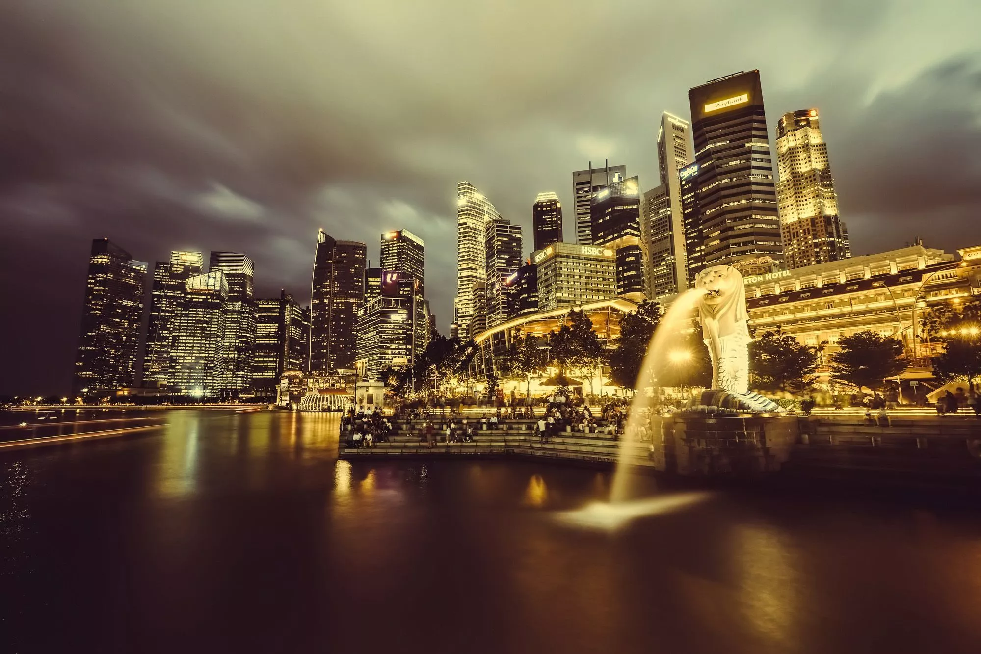Singapore skyline and fountain at night