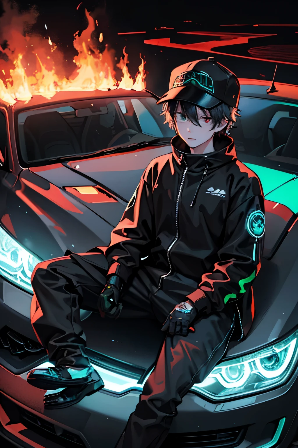 Anime boy sitting on a car with a fire