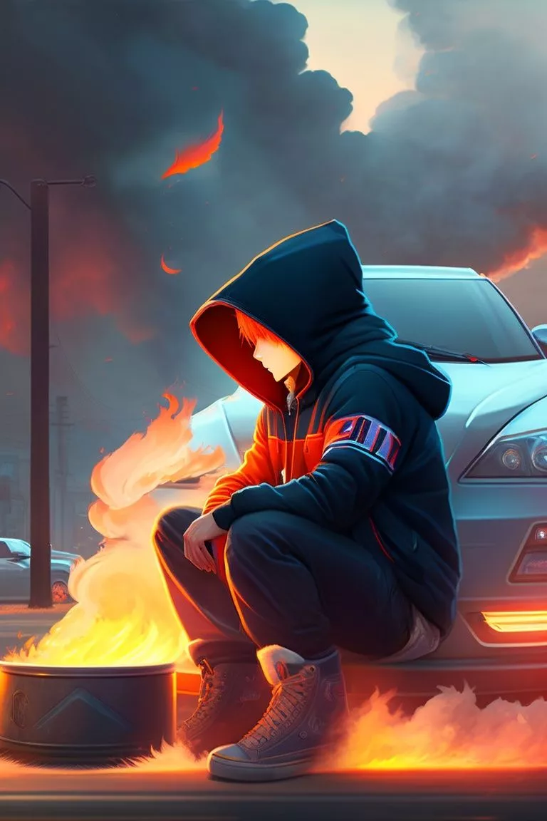 Anime guy in hoodie is sitting