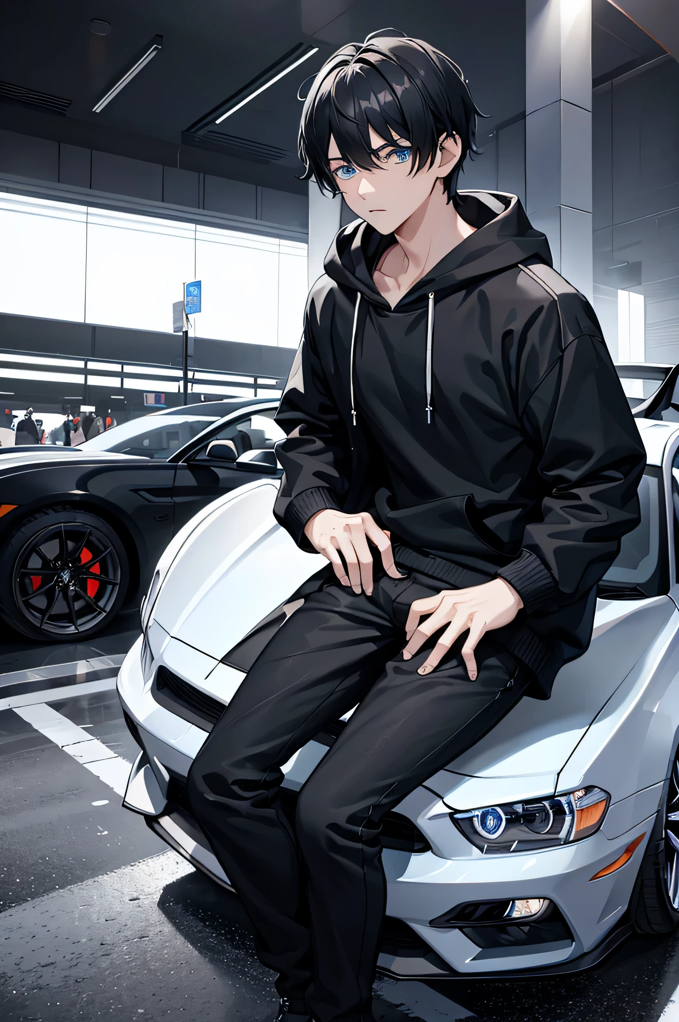 Anime boy sitting on a car in a parking