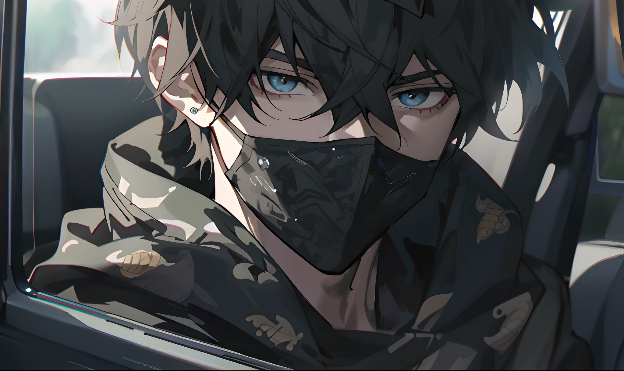 Anime boy with black mask sitting