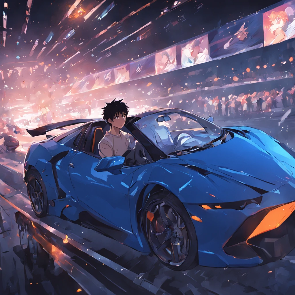 Anime boy in a blue sports car