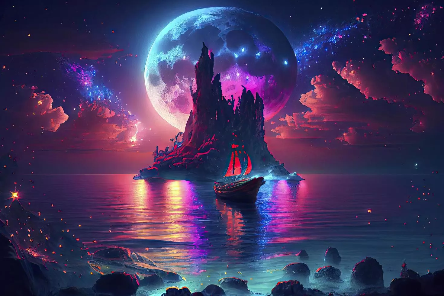Fantasy seascape, neon colors, magic
