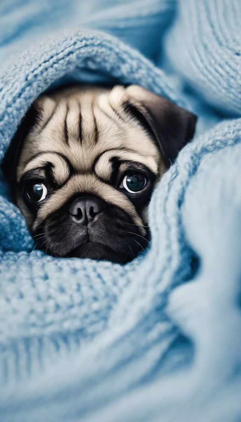 An adorable pug puppy peeking its head