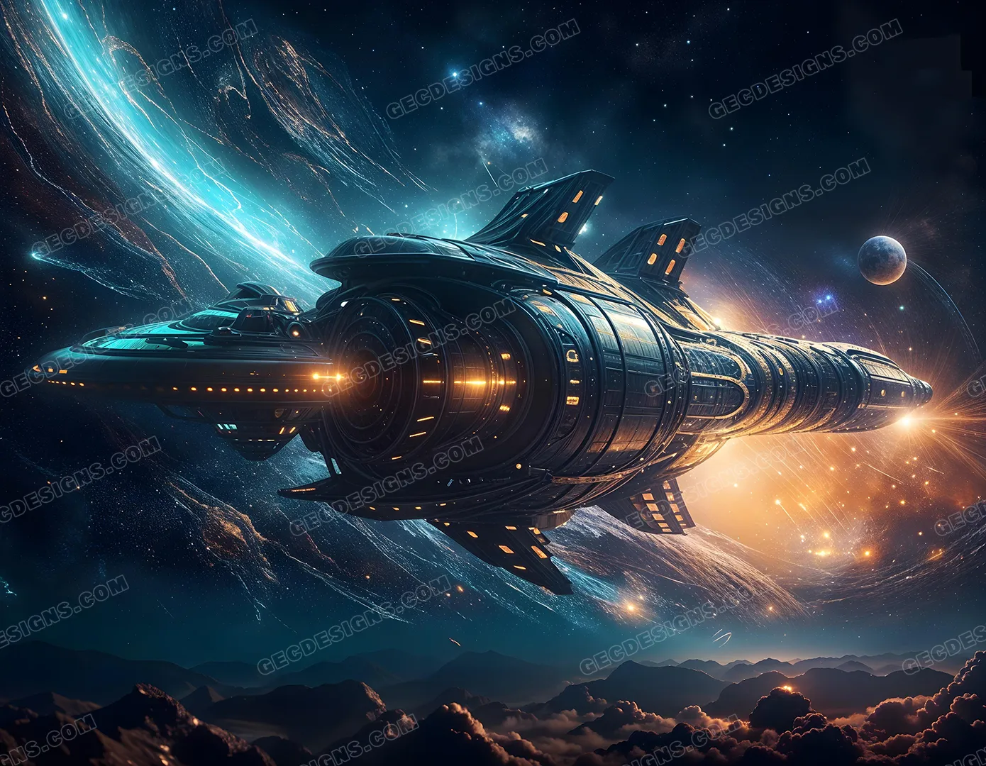 Futuristic spaceship flying in deep