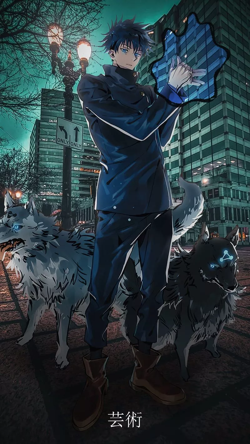 Megumi Fushiguro, anime, city, wolf, HD