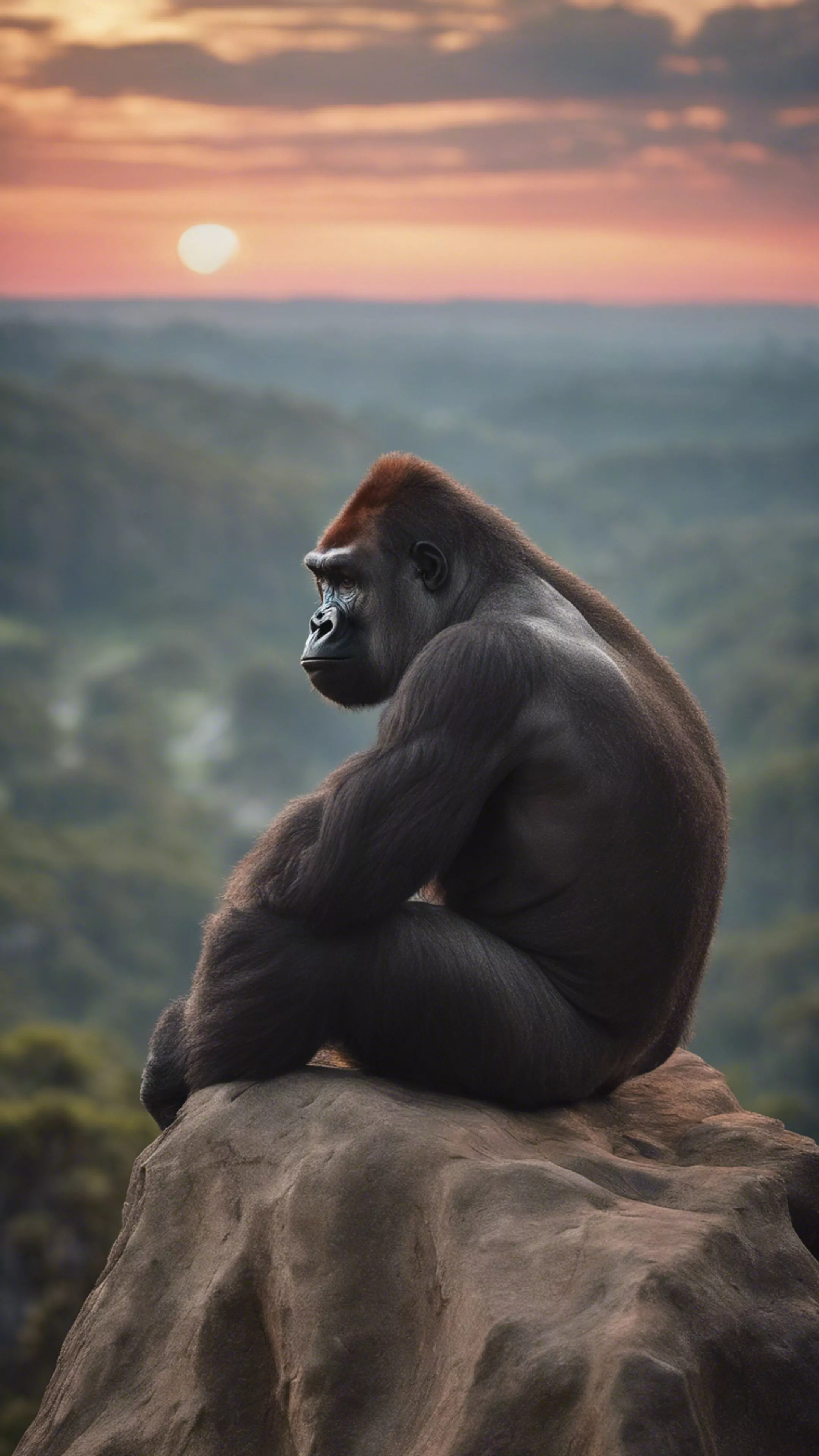 A lone gorilla watching a sunset
