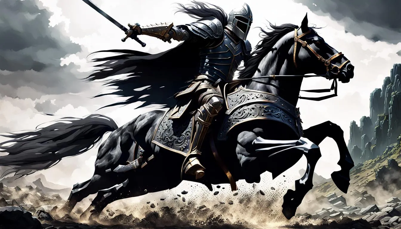 Black armor knight, riding on a horse