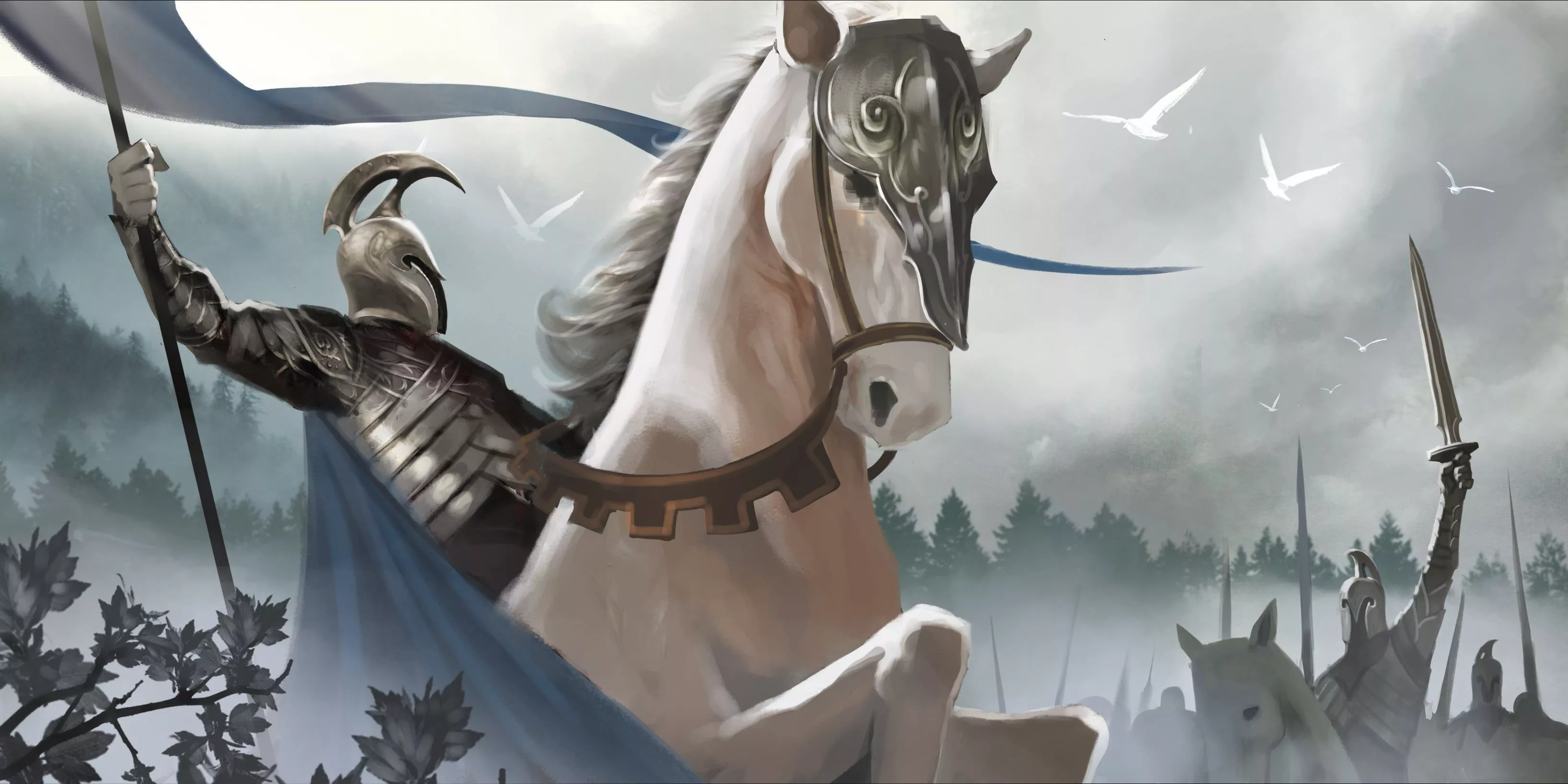 knight riding horse wallpaper, fog