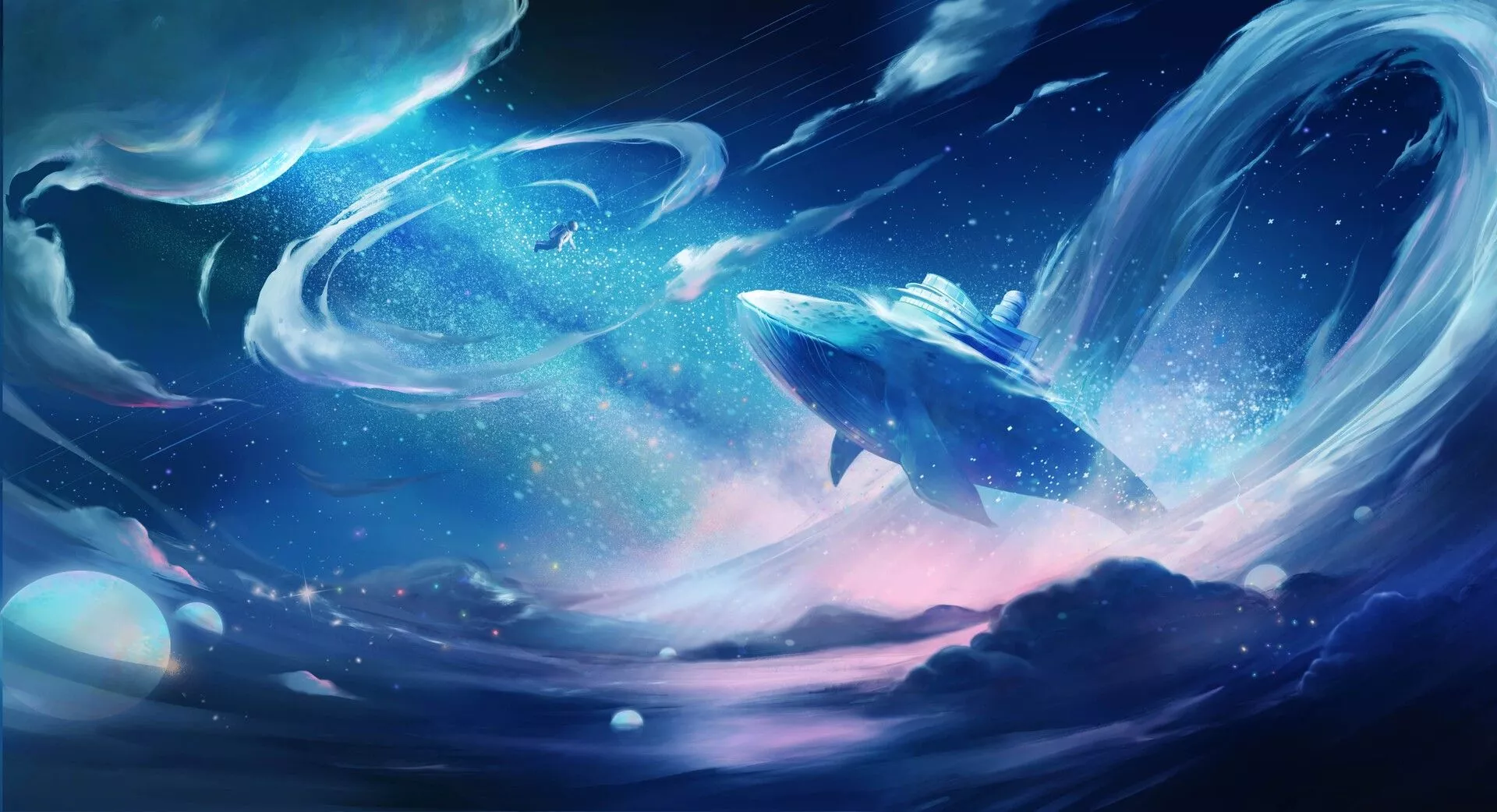 space, whale, fantasy art, clouds