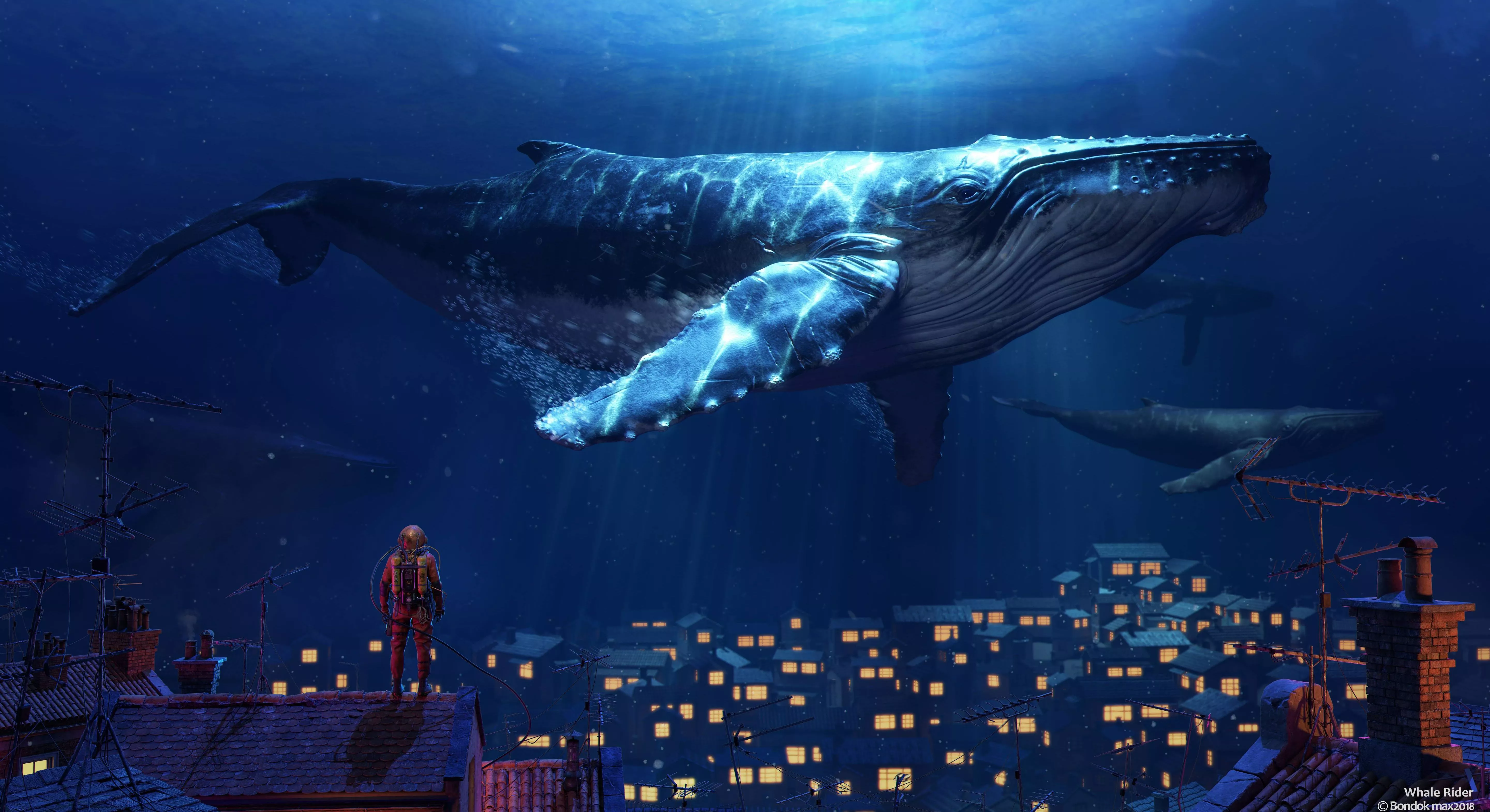 Fantasy, Whale, Underwater, Town