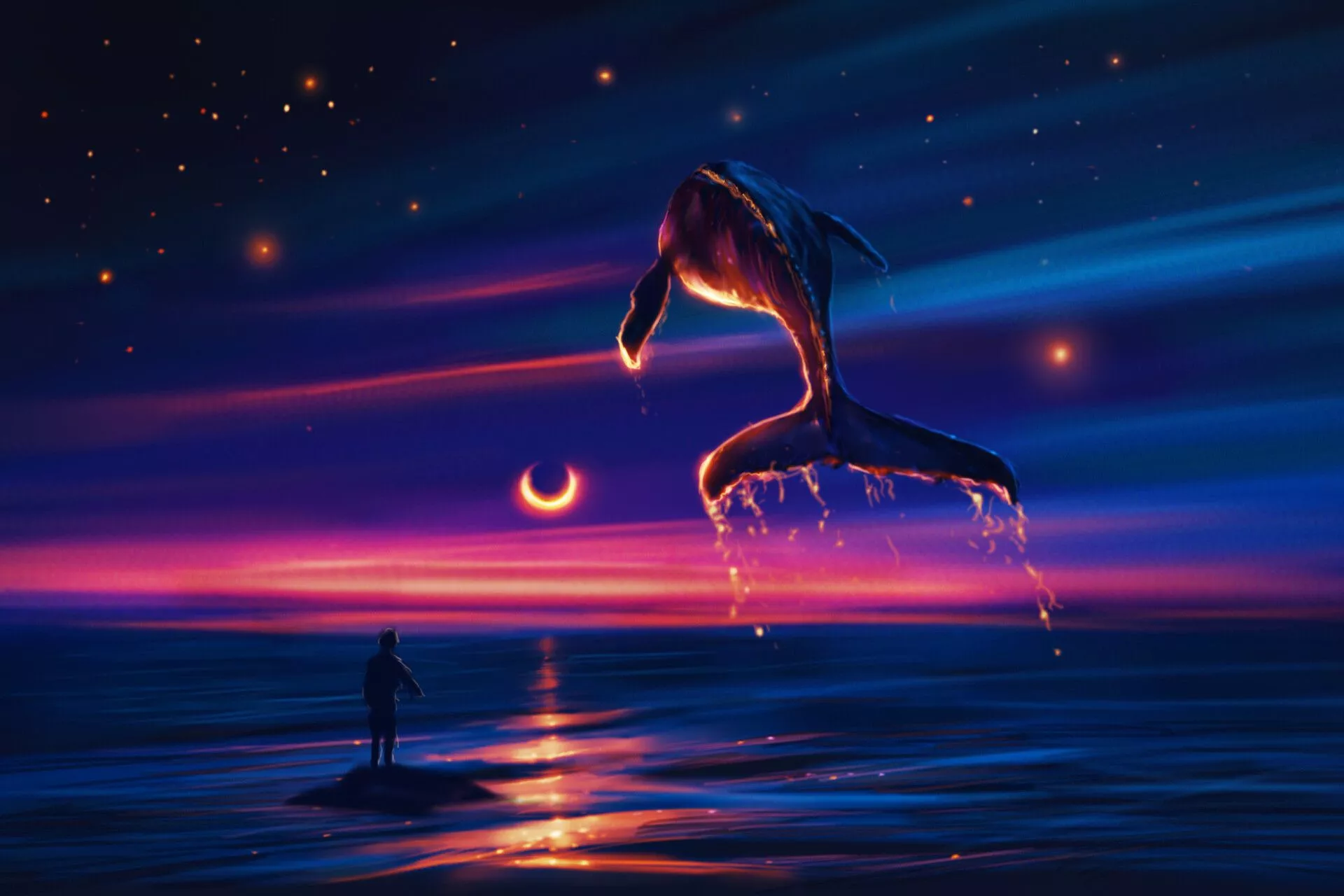 artwork, fantasy art, whale, night, sea