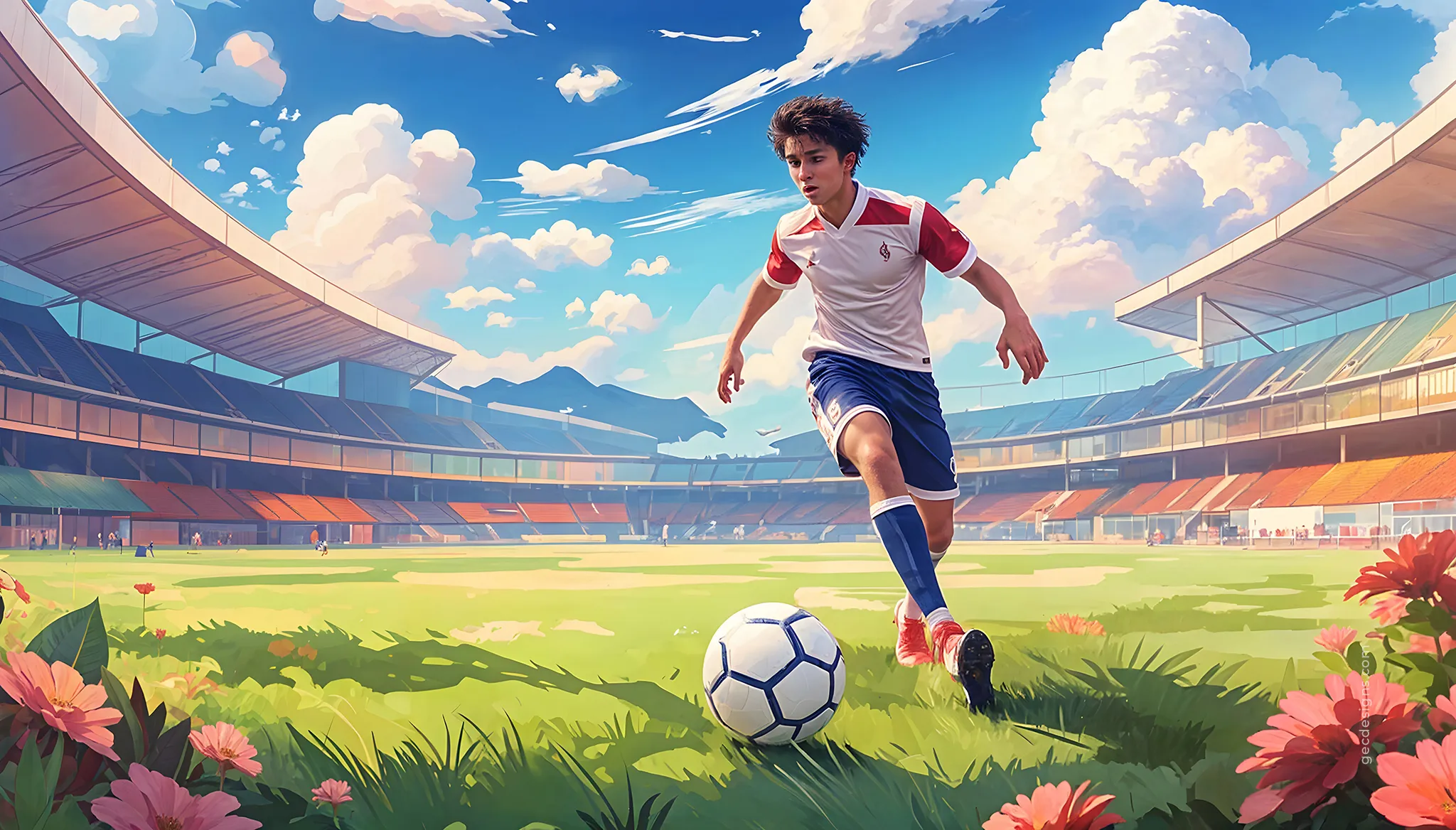 Football player kicking ball, anime football stadium landscape, anime art wallpaper
