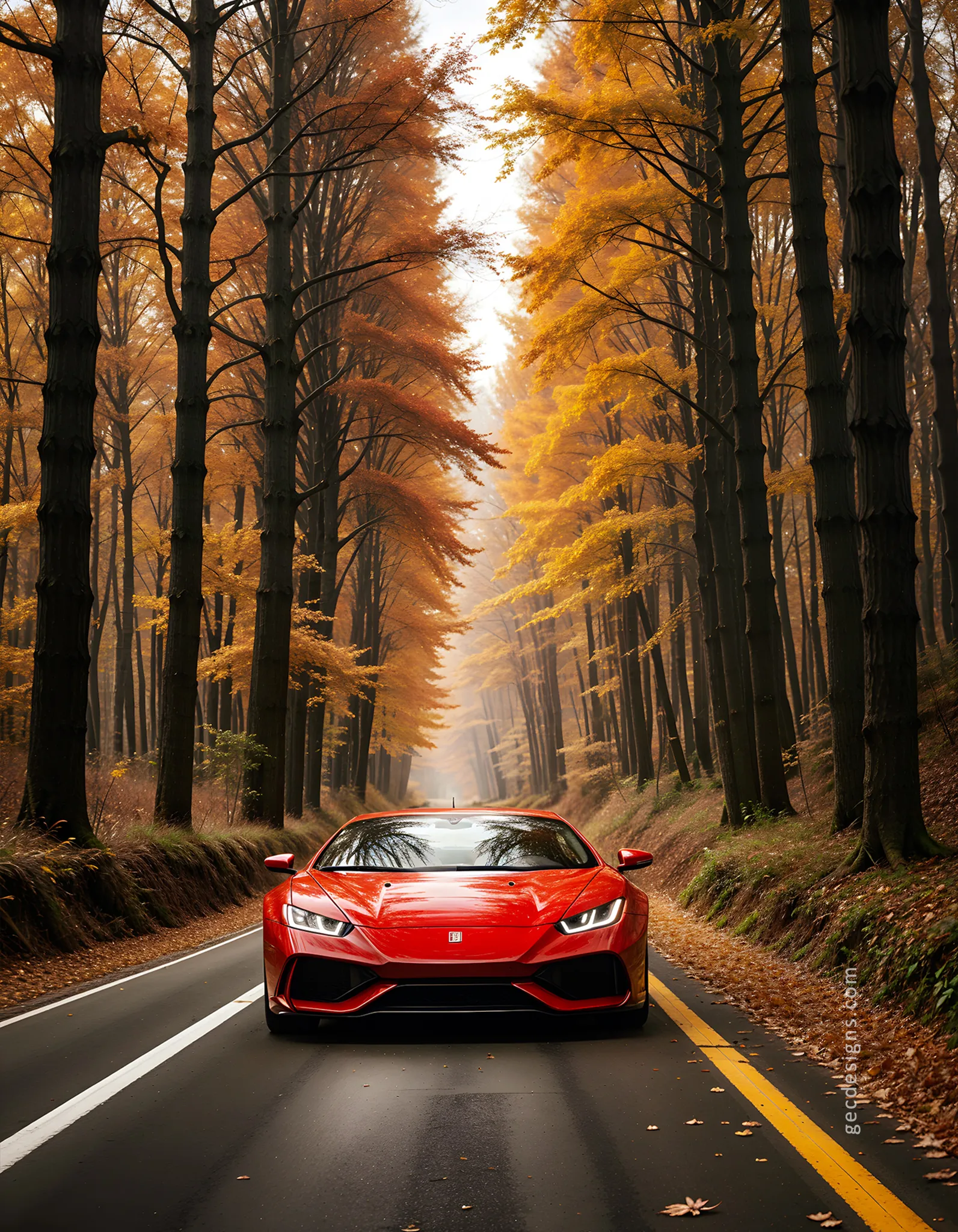 Red Lamborghini in a beautiful forest