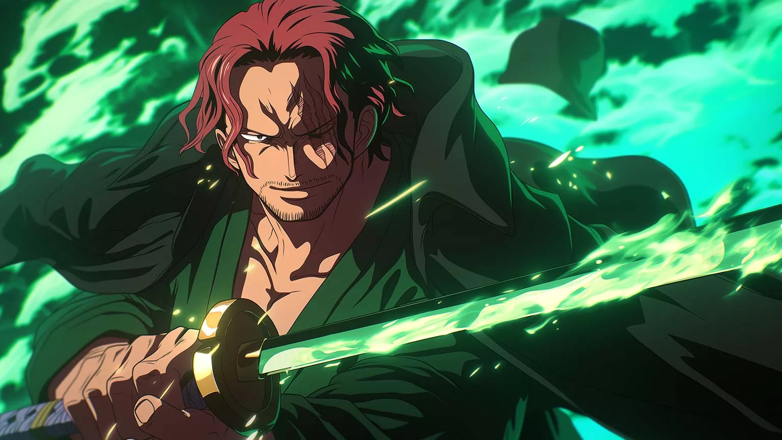 One Piece Shanks Green Fire Desktop Wallpaper