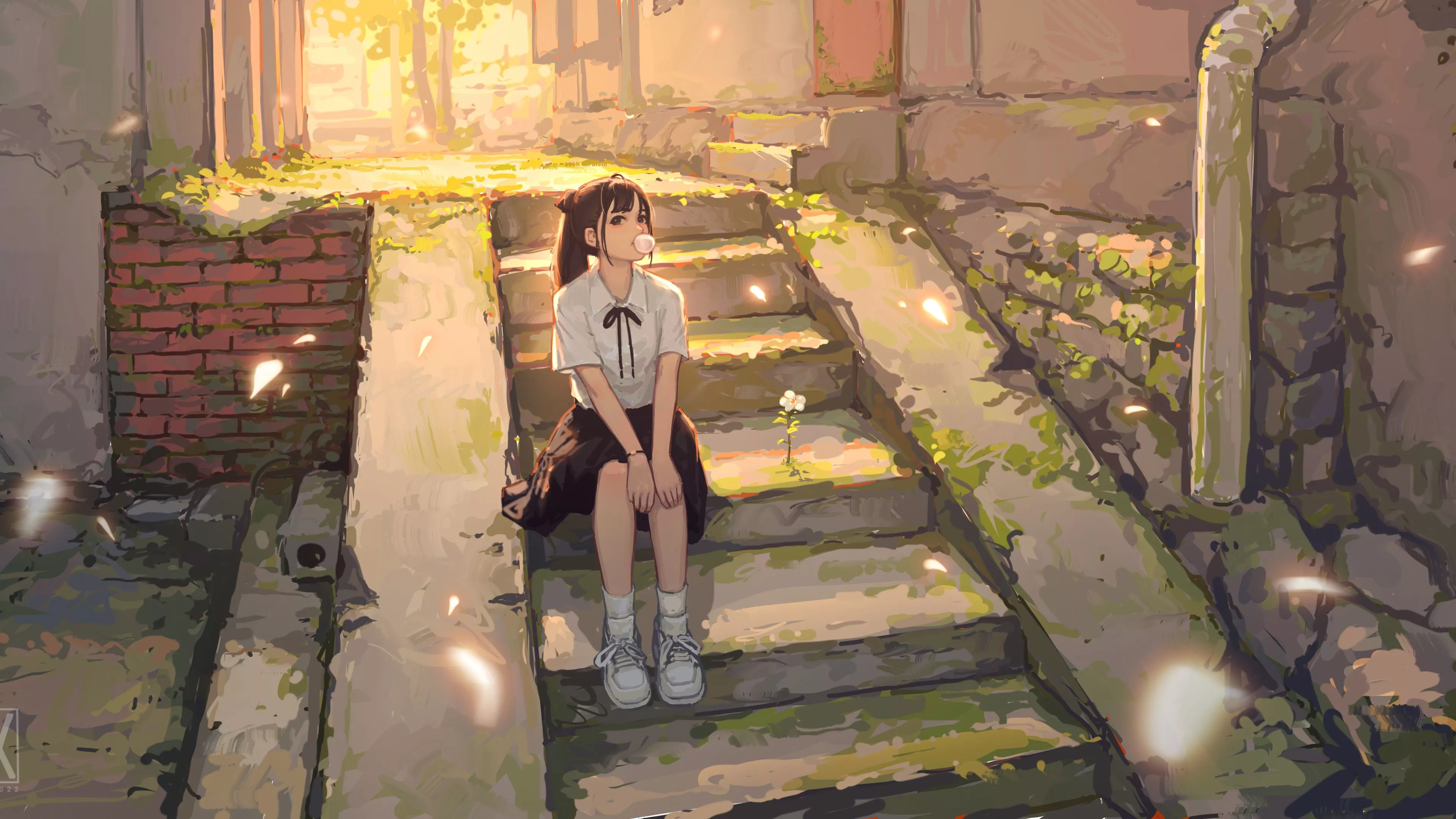 Anime Girl With Bubble Uniform On Steps 4K HD Anime Girl Wallpaper