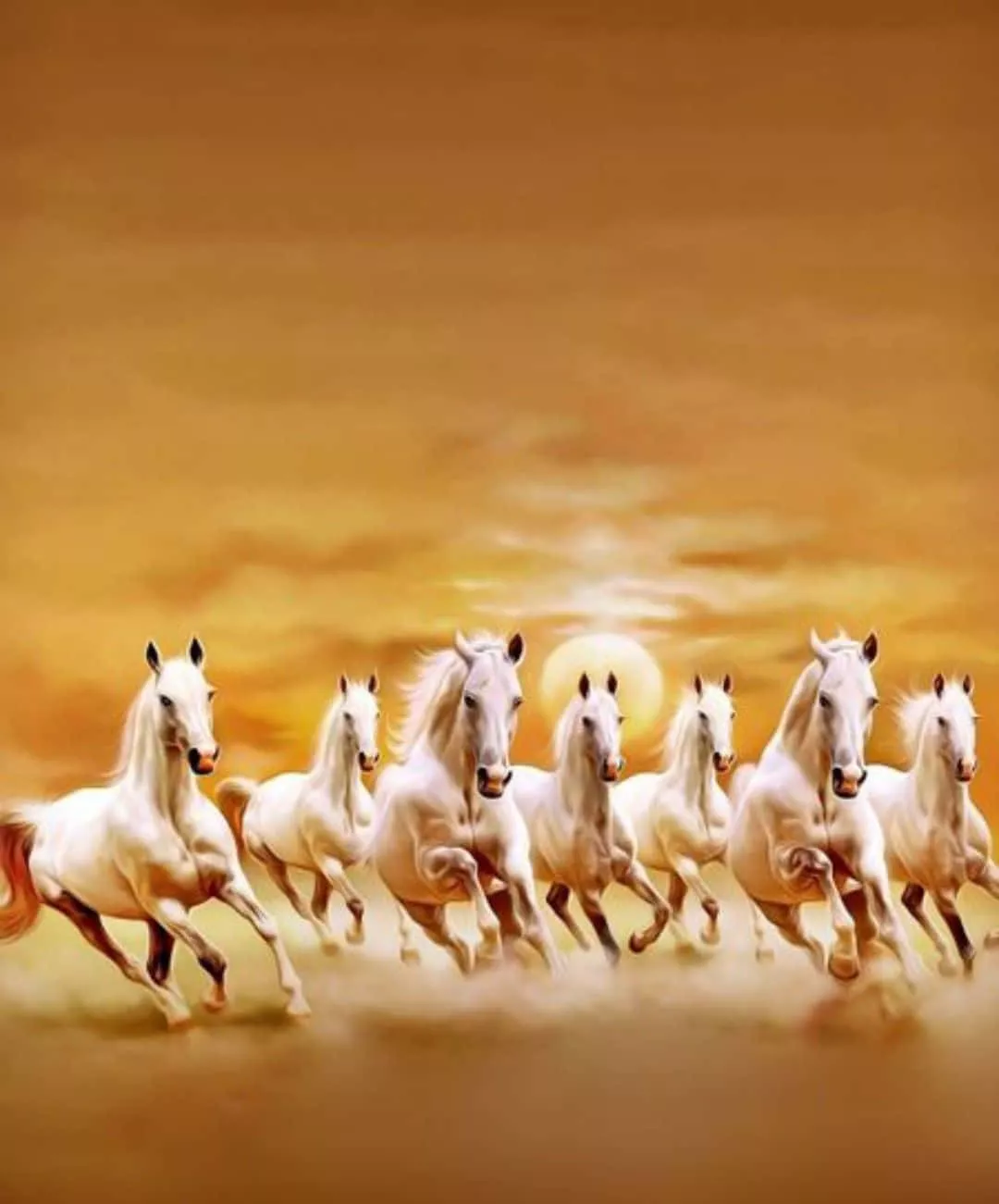 Galloping Seven White Horses Painting Wallpaper