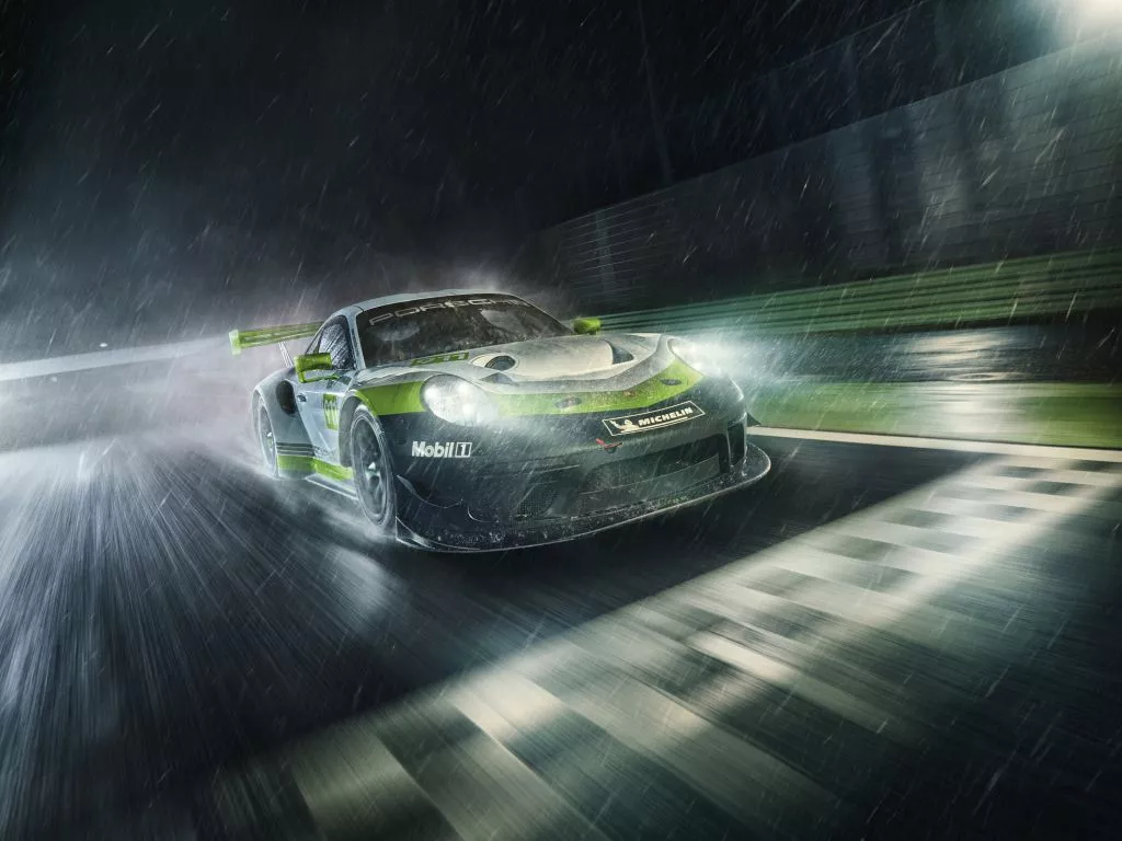 Wallpaper porsche 911 gt3 r, rain blur