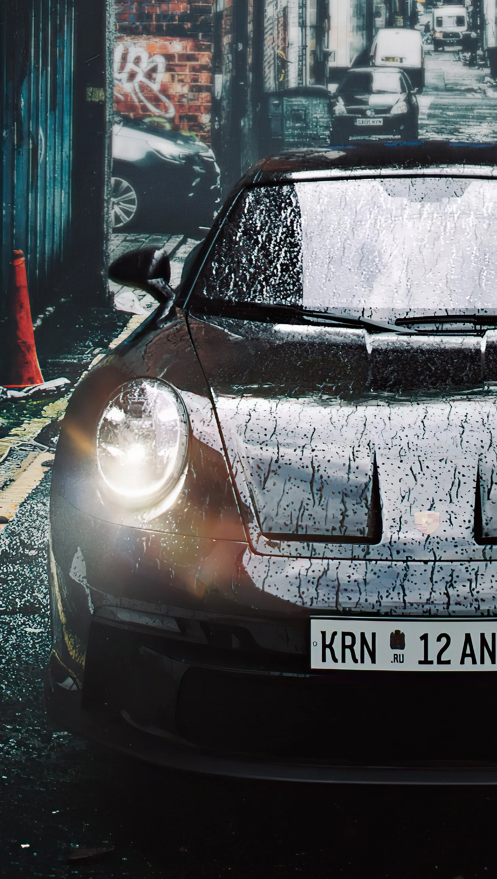 Porsche 911 in rainy street Wallpaper